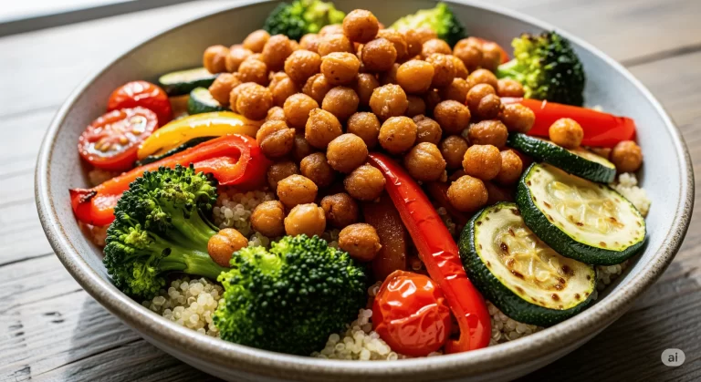 Receita saudável: Bowl de quinoa com legumes assados e grão‑de‑bico crocante