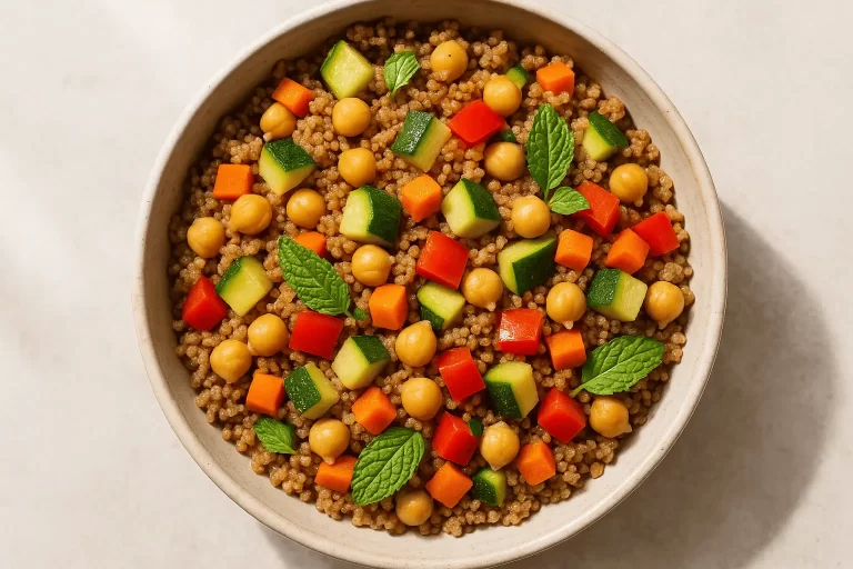 Cuscuz marroquino integral com grão‑de‑bico, legumes e hortelã