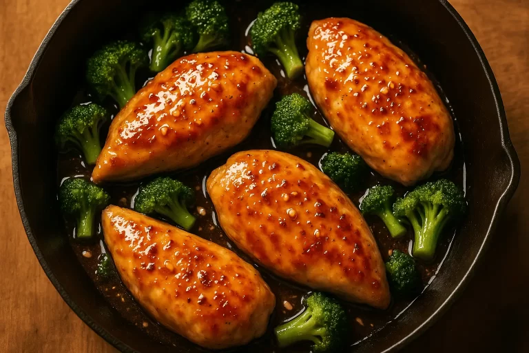 Frango ao mel e alho com brócolis na mesma frigideira