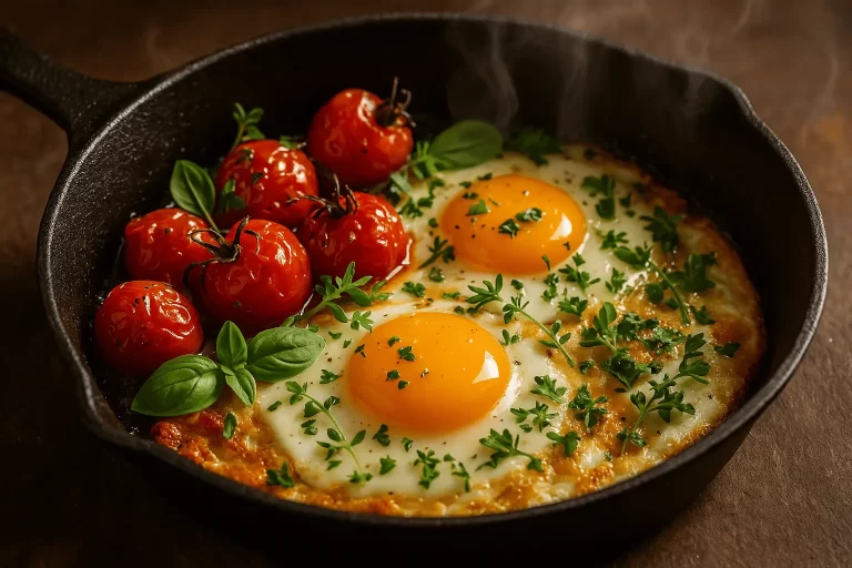Frigideira de ovos com tomate confitado rápido e ervas