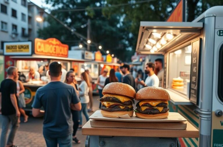 Cena vibrante de comida de rua no Baixo Augusta com hambúrgueres.