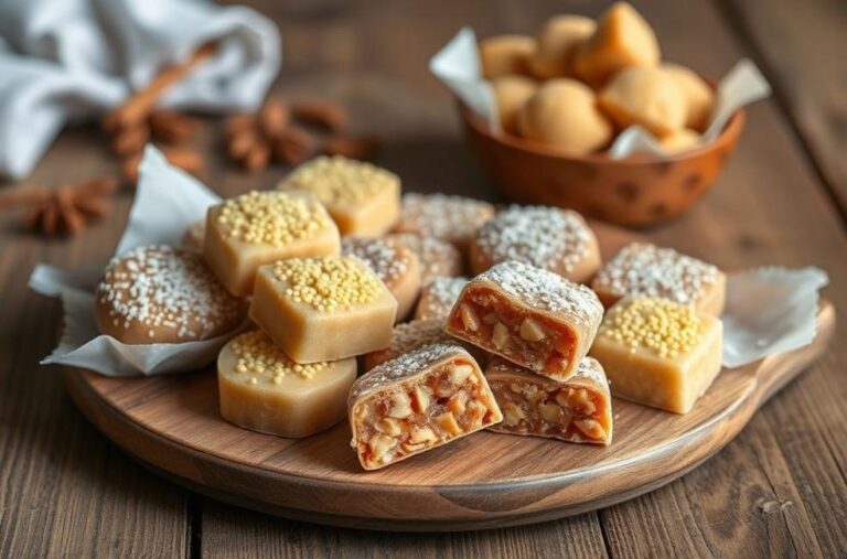 Uma bela exibição de doces bicho de seda prontos para serem degustados.