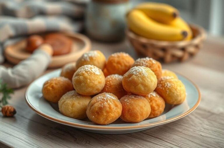 Imagem de um prato cheio de bolinhos de chuva crocantes, dispostos de forma atrativa.
