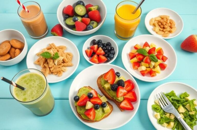 Mesa de café da manhã com várias opções saudáveis.