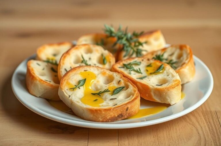 Fatiadas de focaccia sutis e saborosas, decoradas com ervas frescas.