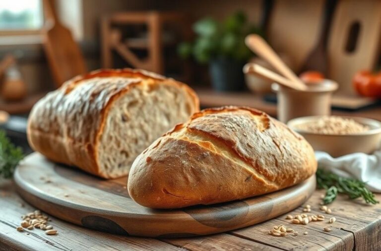 Imagem de um pão integral de centeio fresco em uma cozinha rústica.