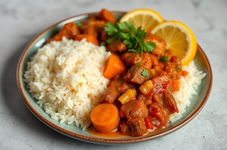 Prato estilizado de picadinho, com demonstração de sabores e tradição.