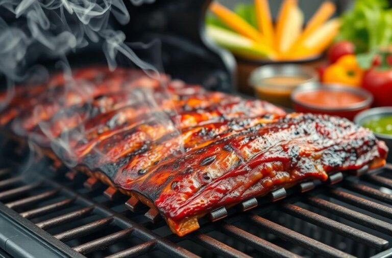 Costela assada grelhando com vegetais ao fundo.