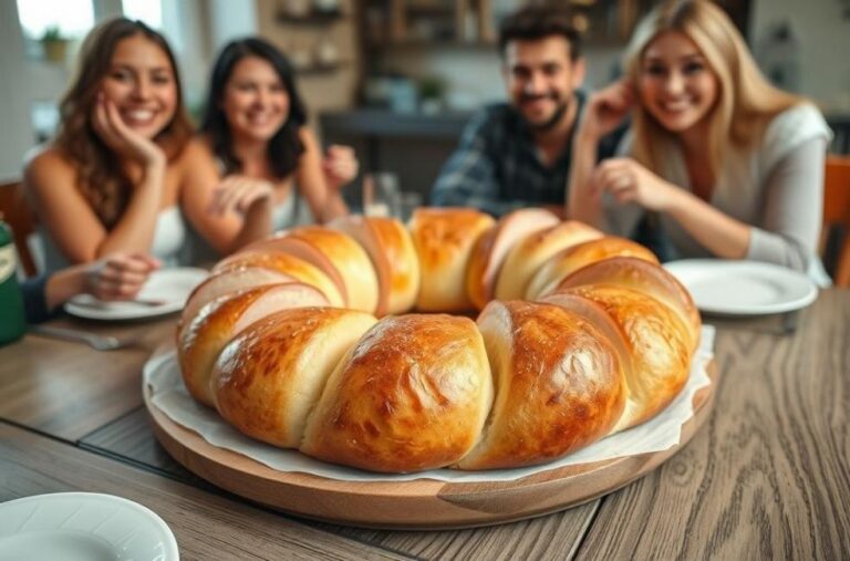 Rosca de presunto e queijo servida na mesa com amigos.