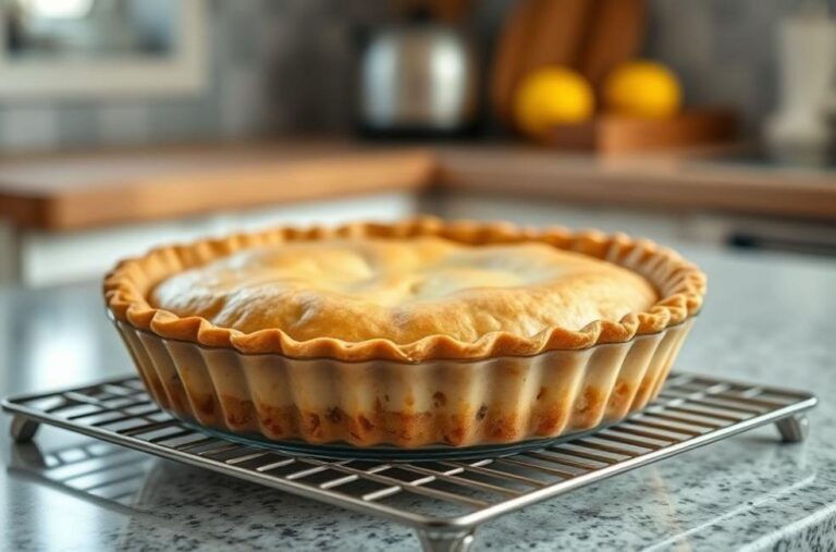 Uma torta de liquidificador recém-assada esfriando na cozinha.