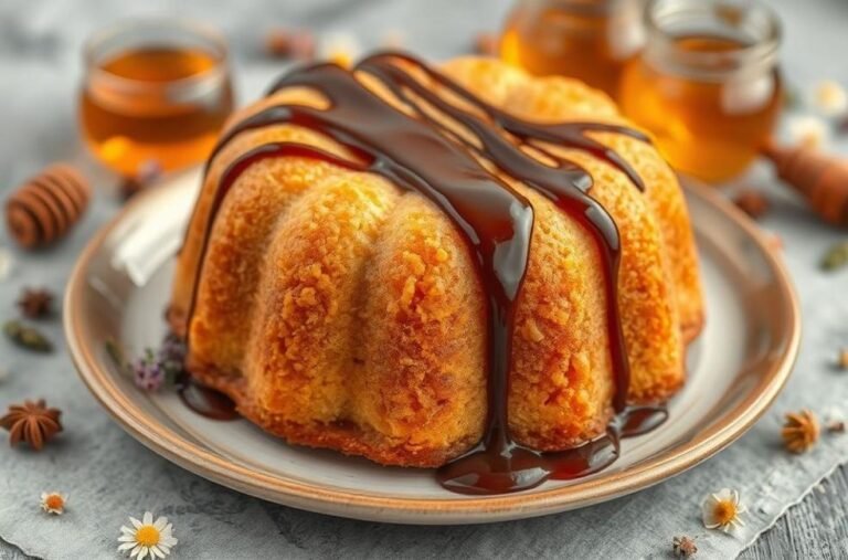 Um pão de mel decorado com chocolate e especiarias.