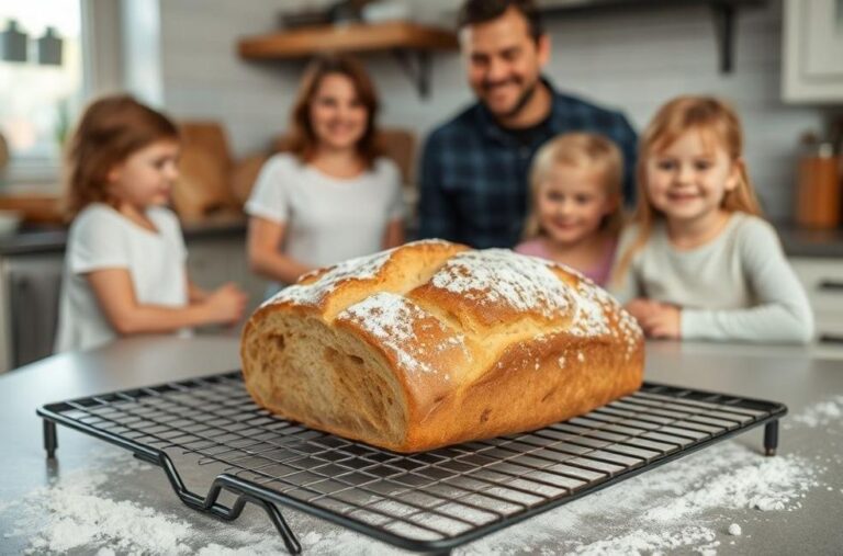 Cena de uma família feliz na cozinha com pão caseiro fresco.