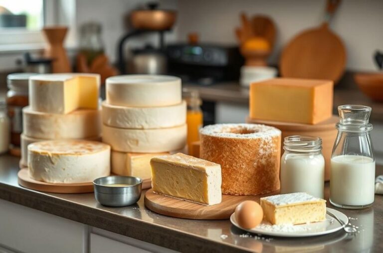 Cozinha aconchegante com diversos tipos de pudim e ingredientes.