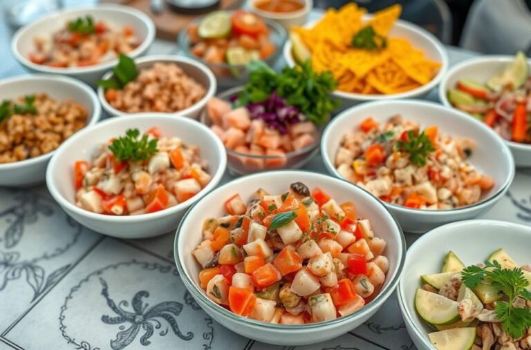 Mesa com variados ceviches, representando o frescor e a diversidade do prato.