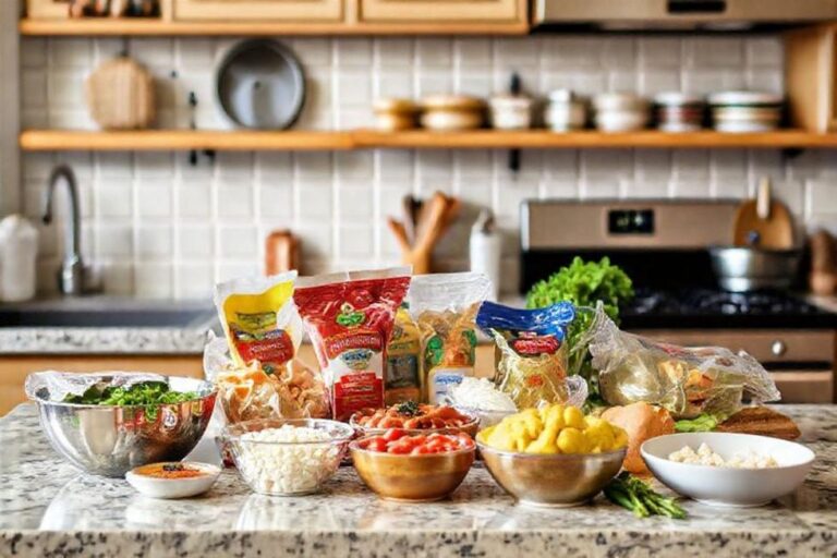 Cozinha alegre com ingredientes de receitas rápidas.