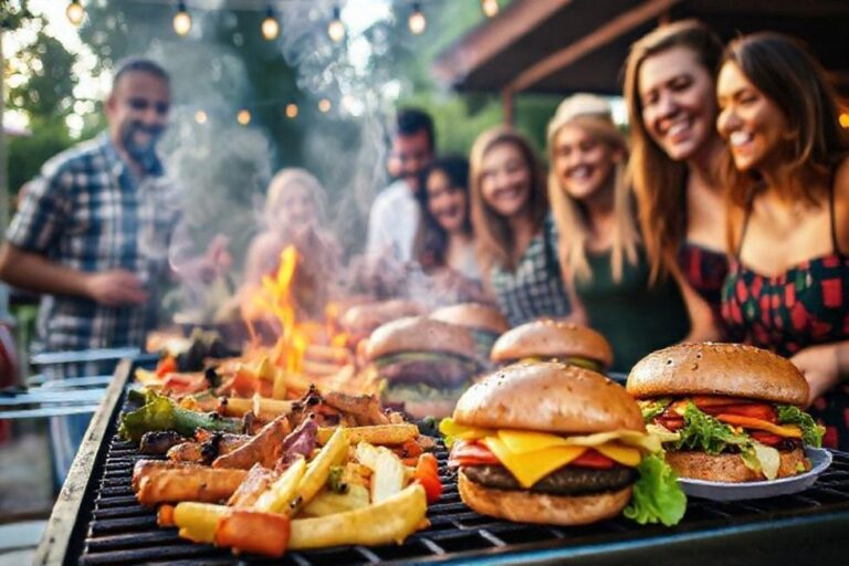 Churrasco vegano com pratos deliciosos e pessoas se divertindo.