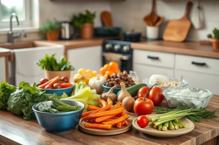 Cozinha com ingredientes saudáveis para jantares práticos.
