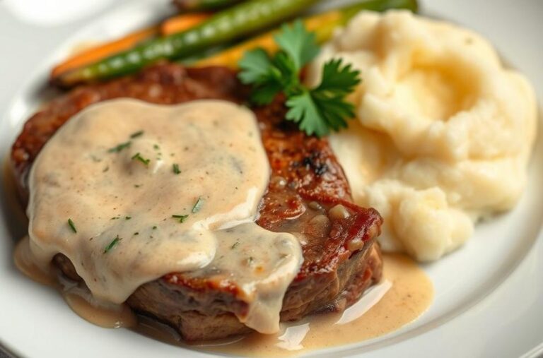 Um prato saboroso de bife ao molho cremoso com purê de batatas e vegetais.