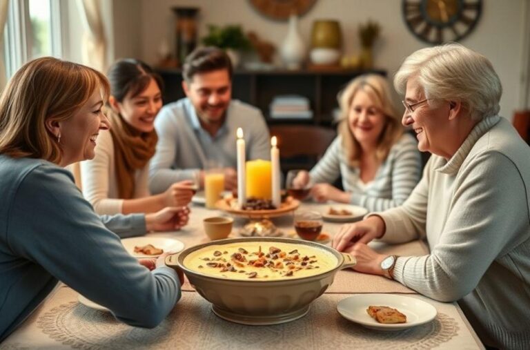 Família reunida ao redor de uma mesa, sorrindo com um pudim cremoso no centro