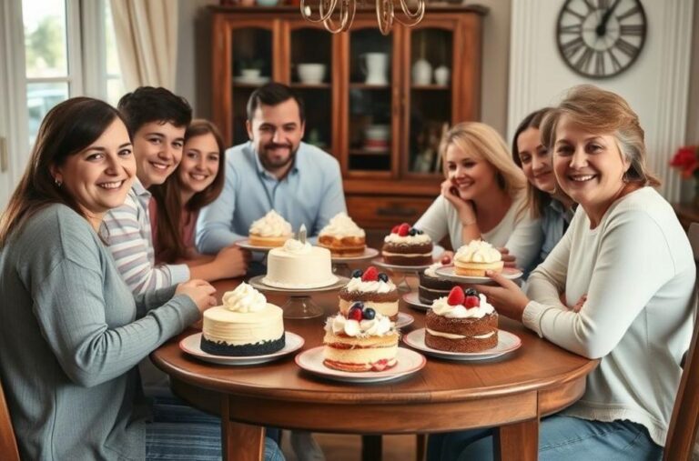 Família reunida em torno de uma mesa com bolos fofos.