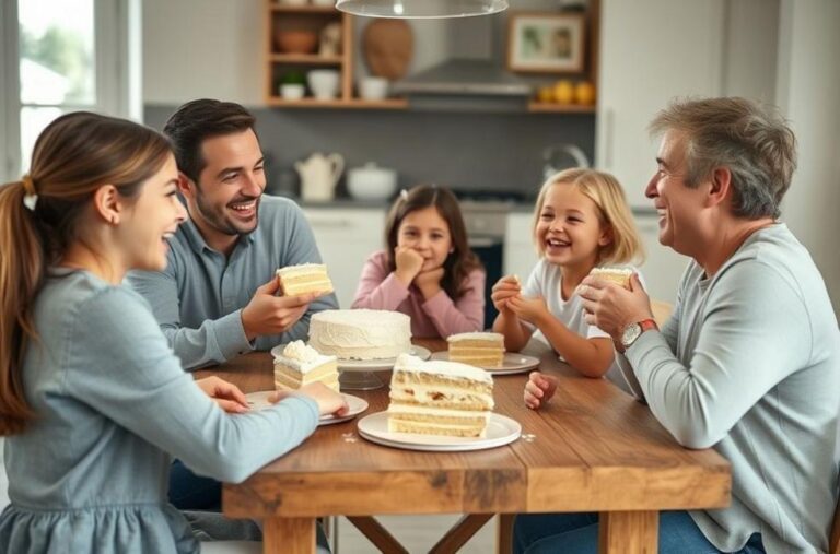 Família sorrindo ao degustar um bolo fofo caseiro na mesa.