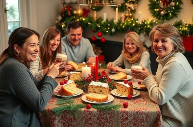 Uma família feliz degustando panetone em clima de festividade.