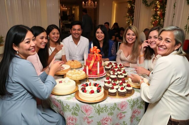 Uma mesa decorada com deliciosa sobremesa pavê em uma festa animada.
