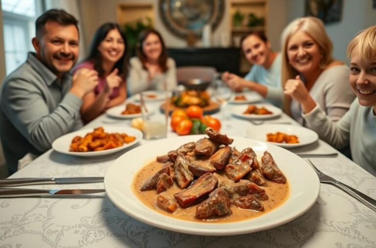 Uma mesa decorada para um jantar em família com bife ao molho cremoso.