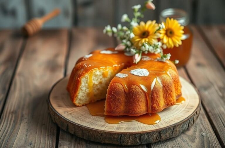 Bolo de mel decorado com mel e flores em uma mesa rústica.