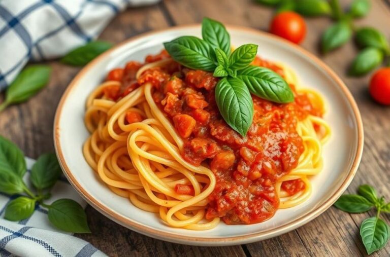 Prato de macarrão com molho de tomate e manjericão fresco.