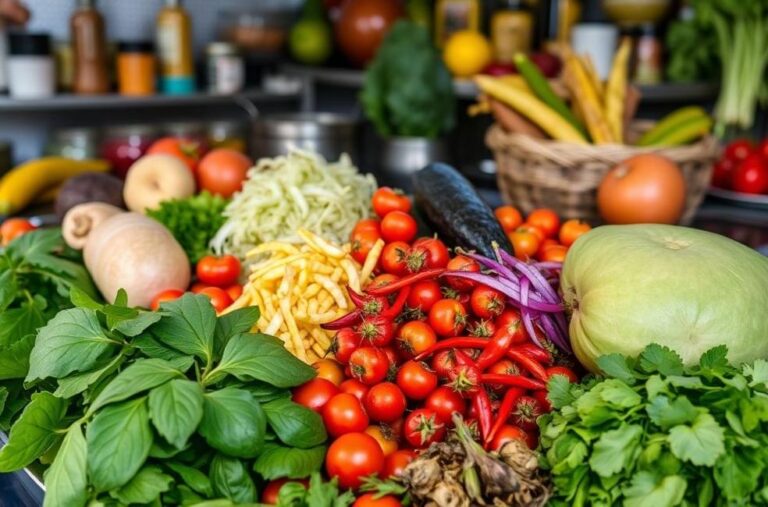 Ingredientes frescos da mojica organizados em uma mesa de cozinha