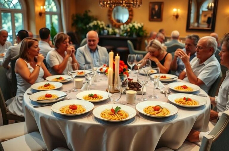 Mesa redonda repleta de pratos de rondelli, criando um ambiente acolhedor para um jantar.