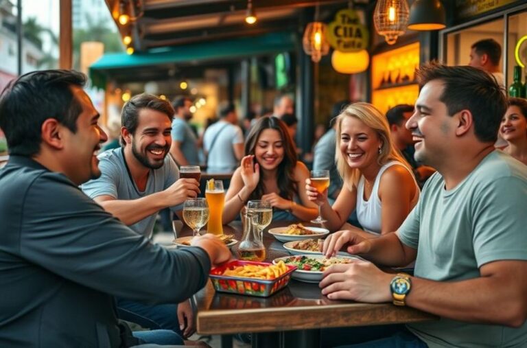 Grupo de amigos aproveitando uma refeição de picadinho em um bar no Rio.