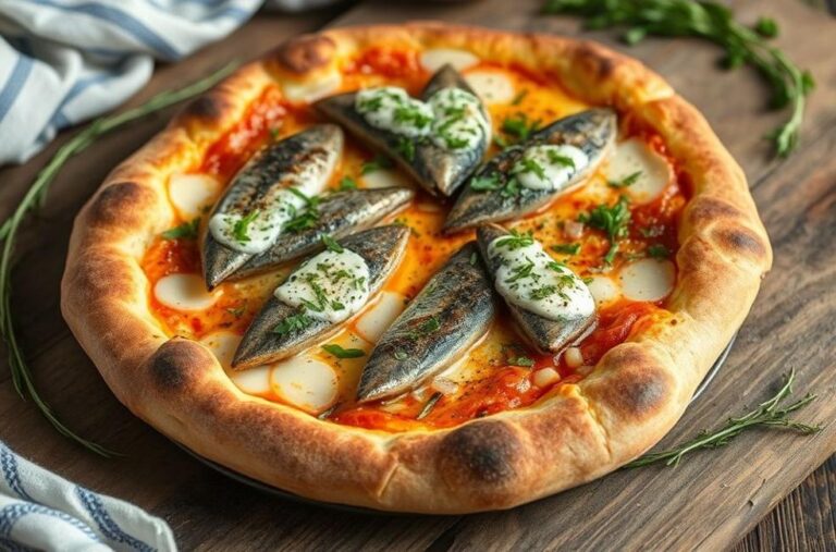Uma pizza de sardinha recém-assada, com ervas frescas e queijo derretido.