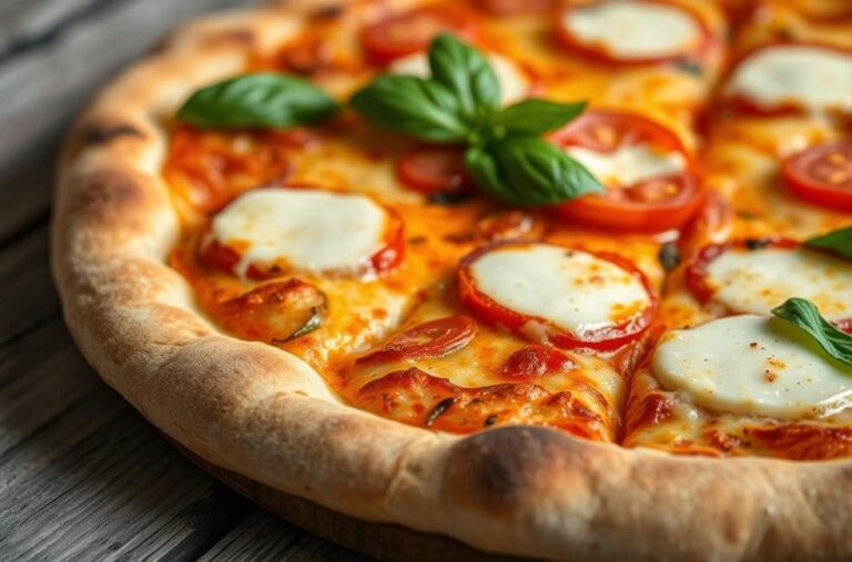 Close-up de uma pizza caseira deliciosa e bem feita.