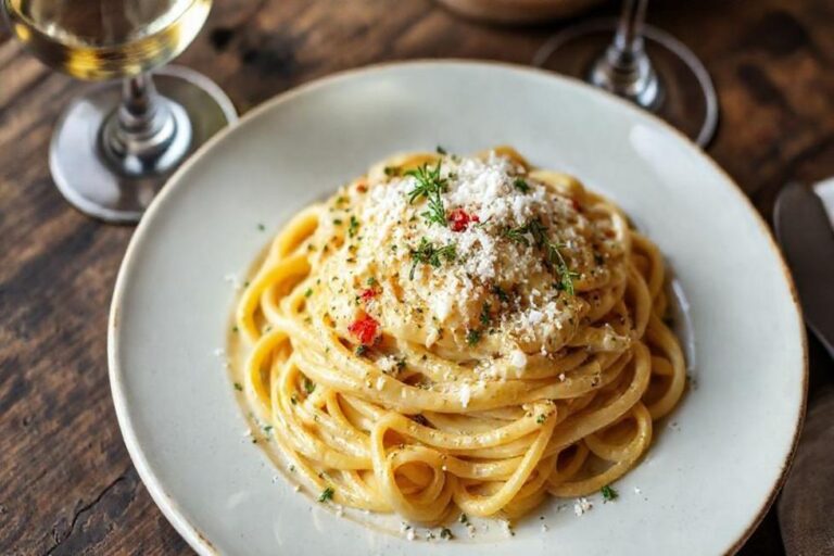 Prato de macarrão decorado com molho 4 queijos e ervas frescas.