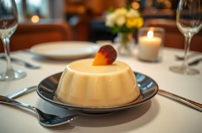 Pudim cremoso servido em uma mesa de jantar.