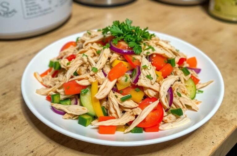 Prato de salpicão de frango servindo como destaque numa mesa de cozinha