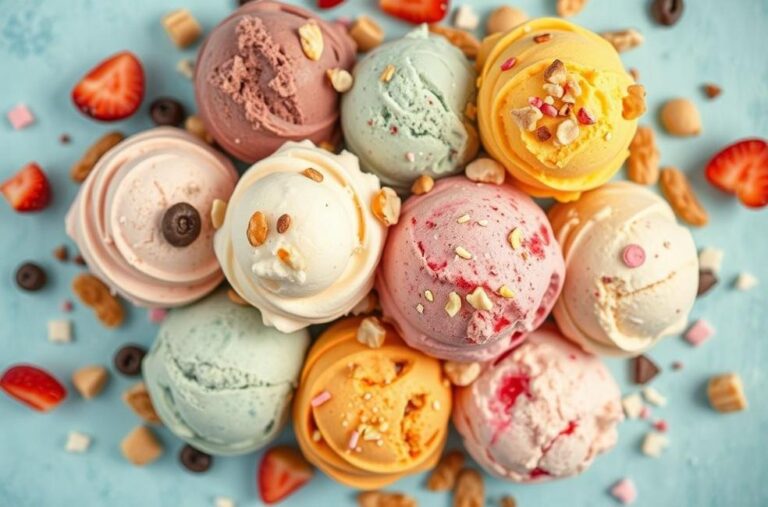 Vários tipos de sorvetes com coberturas coloridas em um fundo vibrante.