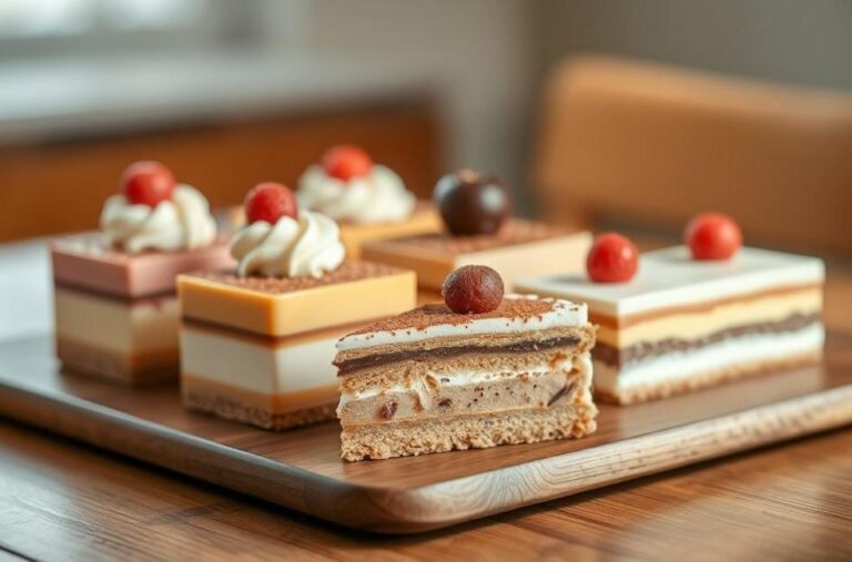 Diversos pavês apresentados em uma mesa, representando variedades de sobremesas.