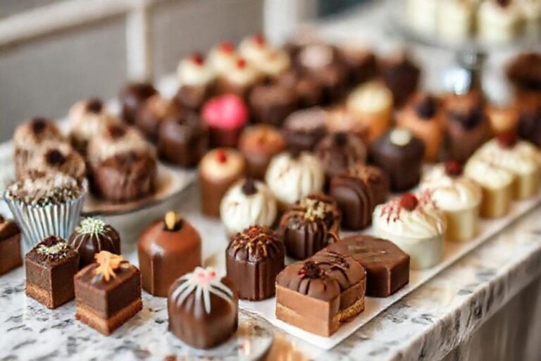 Uma linda disposição de chocolates variados e sobremesas em uma mesa.