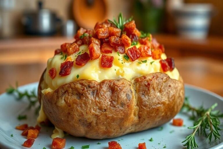 Batata recheada deliciosa com queijo e bacon.