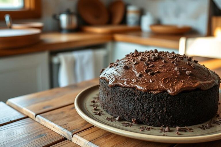 Um bolo de chocolate com camadas de creme e cobertura brilhante.