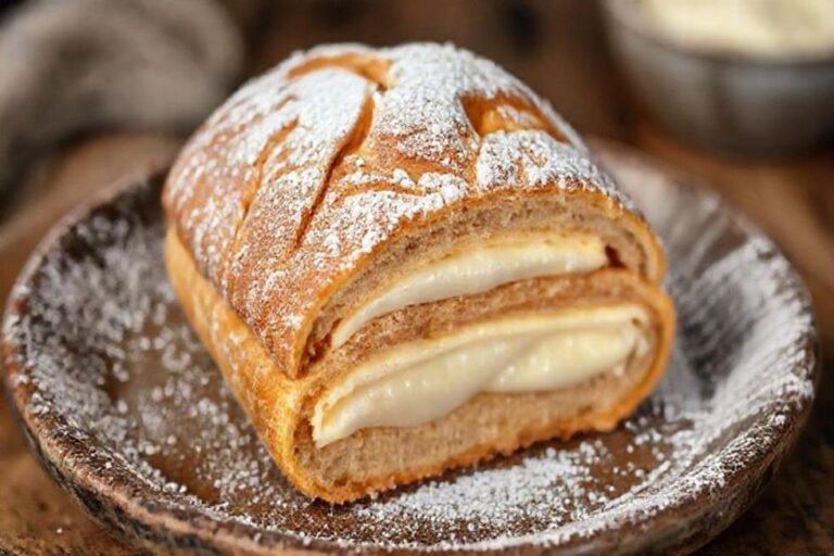 Um Bolo Travesseiro, mostrando suas camadas e recheio, pronto para ser servido.