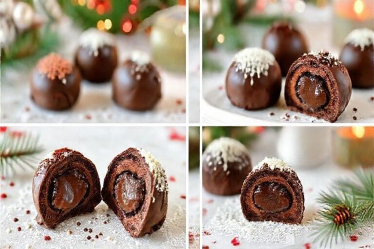 Colagem de bombas de chocolate feitas em casa com decoração atrativa.