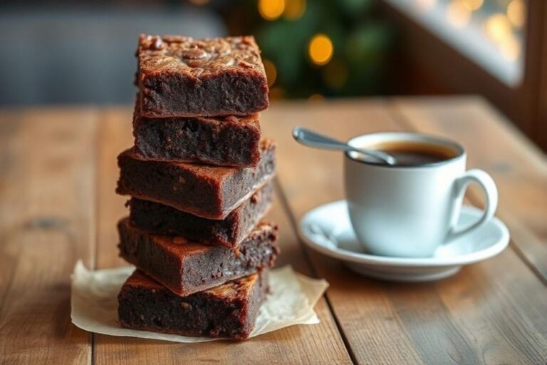 Uma pilha de brownies gourmet ao lado de uma xícara de café.