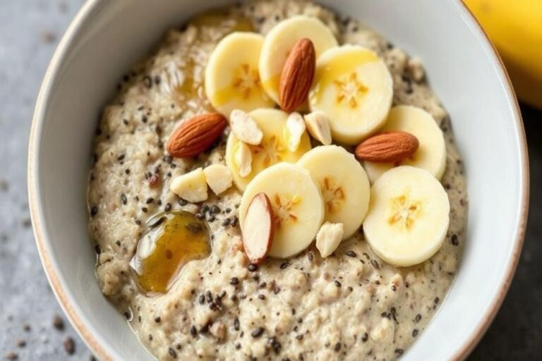 Uma tigela de aveia com banana e mel.