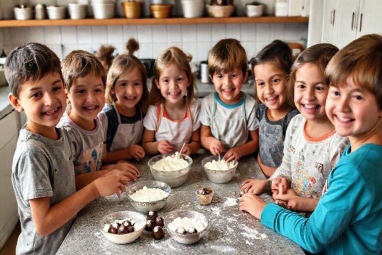 Crianças e pais fazendo creme de brigadeiro juntos na cozinha.
