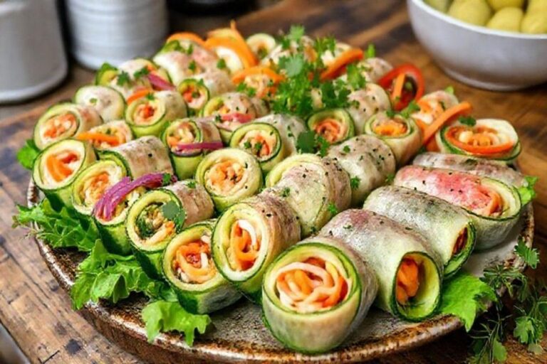 Prato de enroladinhos de pepino com recheios variados.