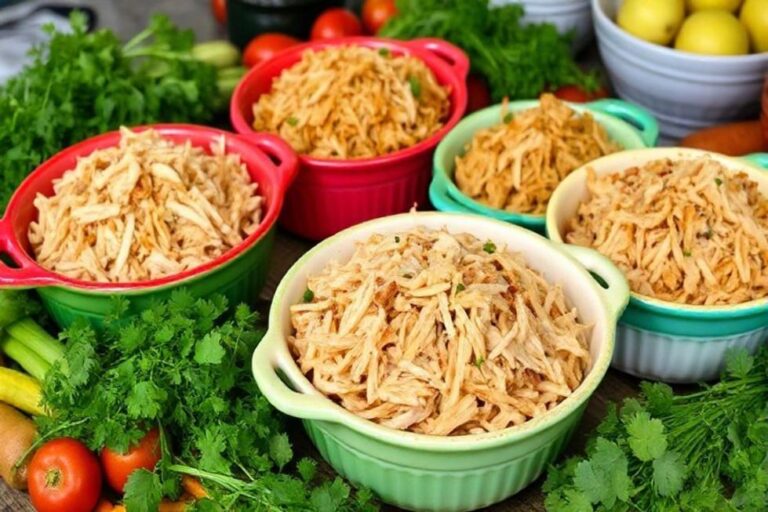 Pratos variados com frango desfiado em uma mesa decorada.